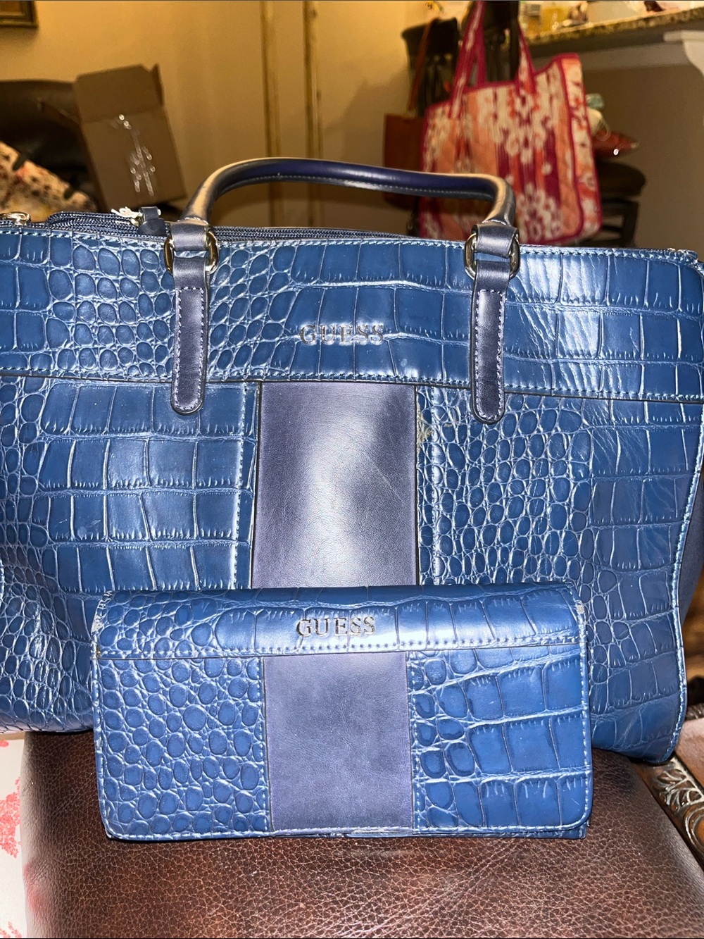 GUESS Blue Croc-Embossed Tote with Matching Wallet